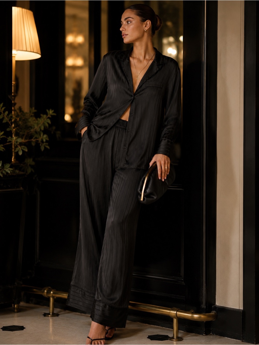 ABERCROMBIE Satin Jacquard Striped Sleep Set in Black | L